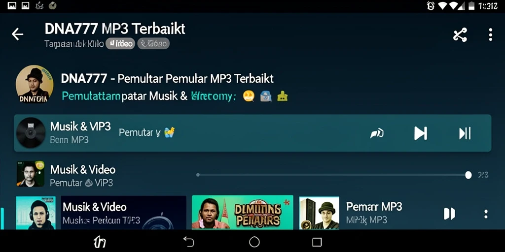Screenshot utama aplikasi DNA777 menampilkan antarmuka Pemutar MP3 yang menarik.