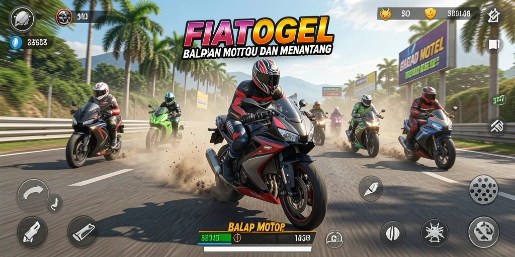 Antarmuka FIATOGEL menampilkan balapan motor yang seru dan dinamis.